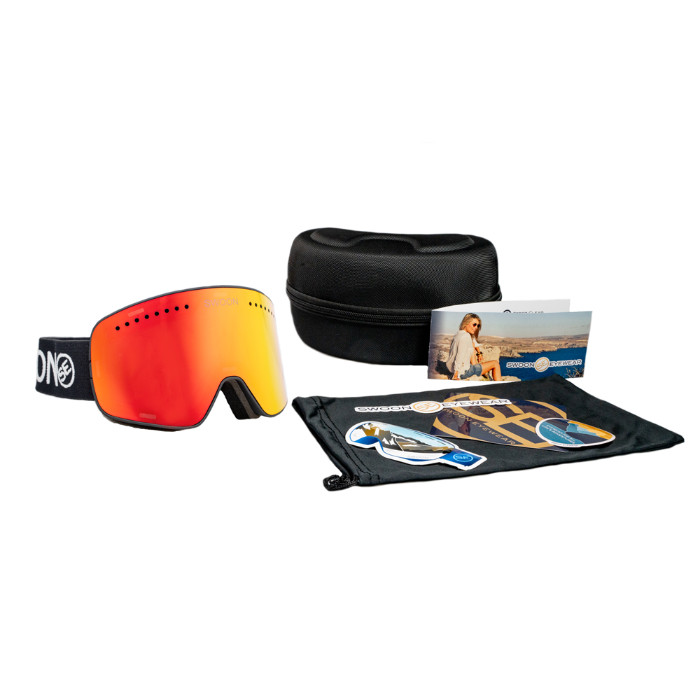 Arlberg - Inferno Red Mirror, Black Strap Snow Goggles - Swoon Eyewear - Adventure Pack