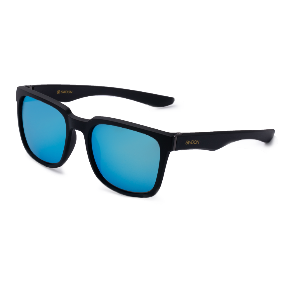 Matte Black Blue Mirror Sunglasses - Swoon Eyewear - Honolulu Side View