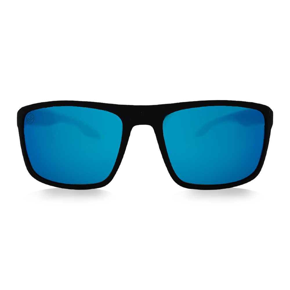 Matte Black Semi-Wrapped Sunglasses, Blue Mirror Lenses - Swoon Eyewear - Munich Front View