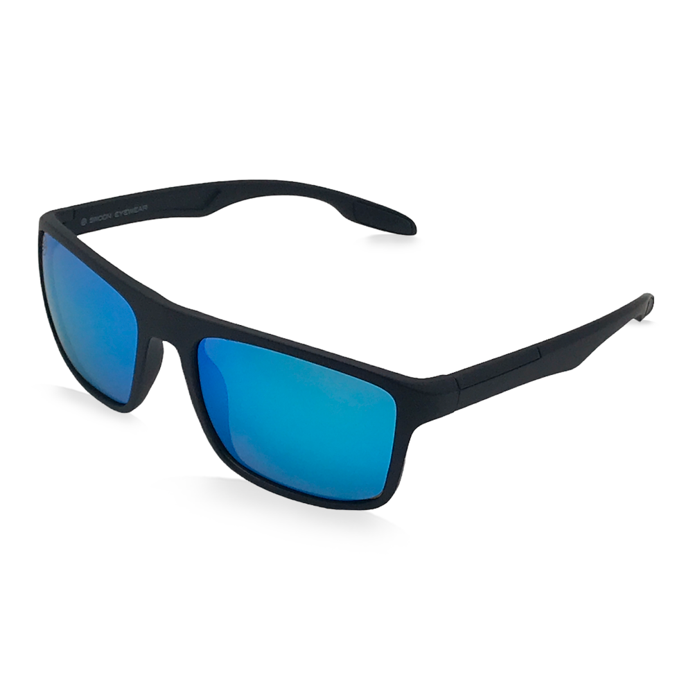 Matte Black Semi-Wrapped Sunglasses, Blue Mirror Lenses - Swoon Eyewear - Munich Side View