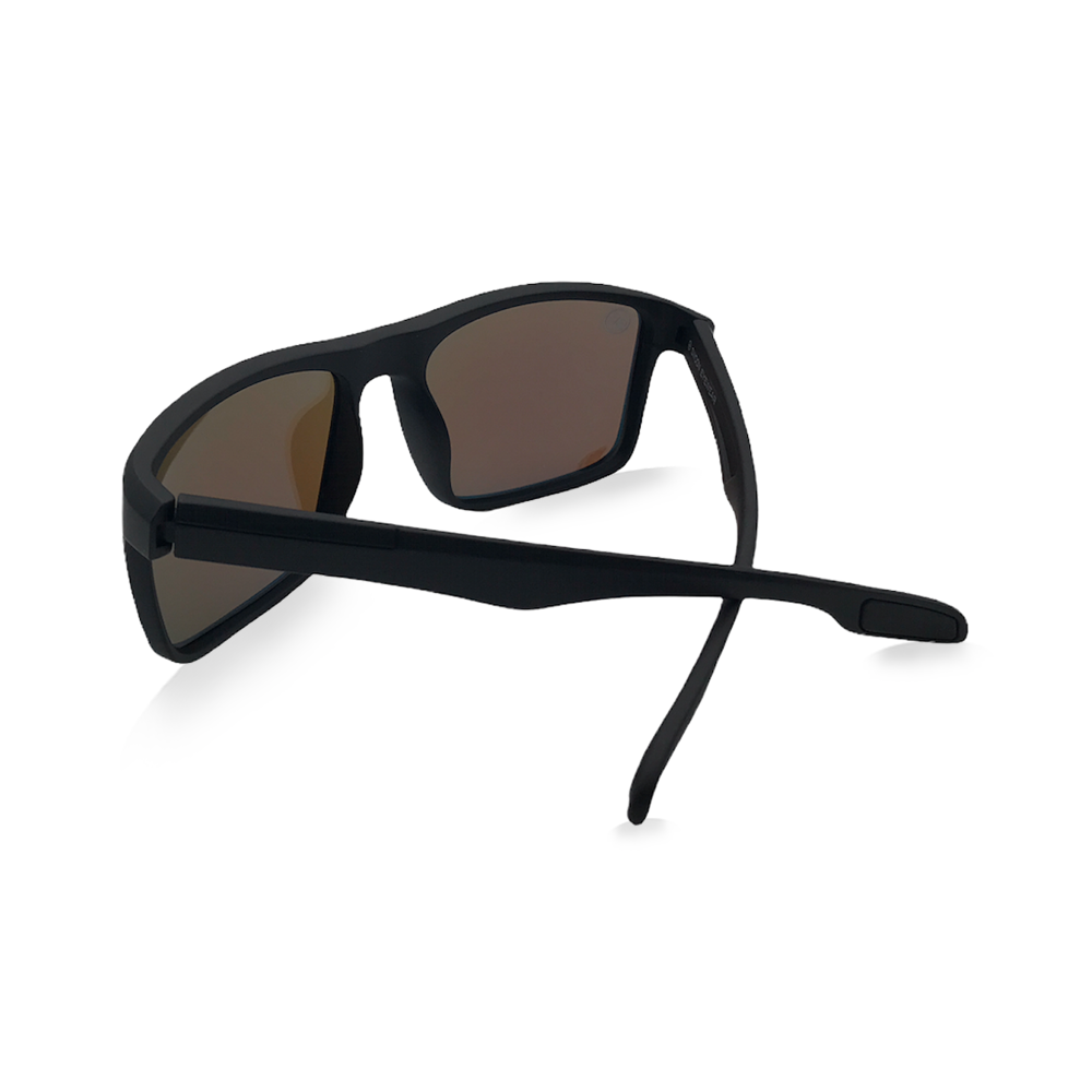 Matte Black Semi-Wrapped Sunglasses, Blue Mirror Lenses - Swoon Eyewear - Munich Back View