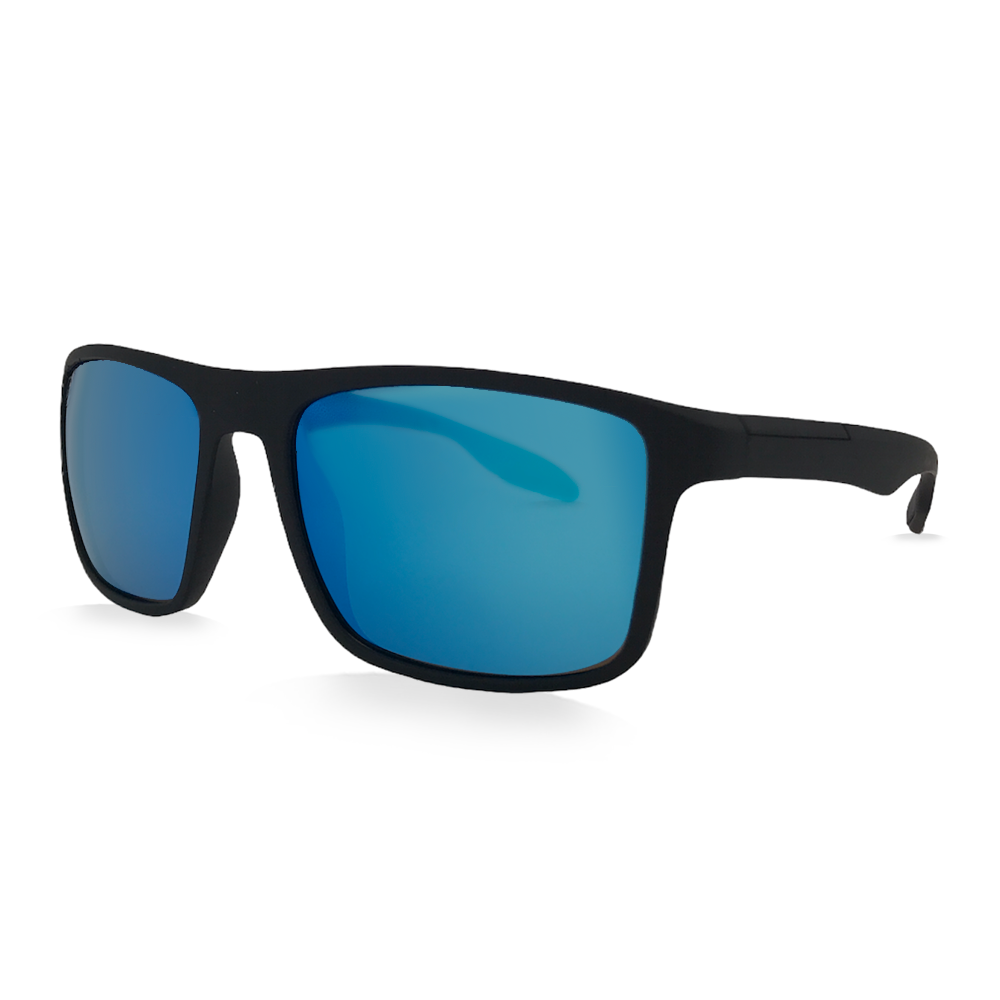 Matte Black Semi-Wrapped Sunglasses, Blue Mirror Lenses - Swoon Eyewear - Munich Side View 2