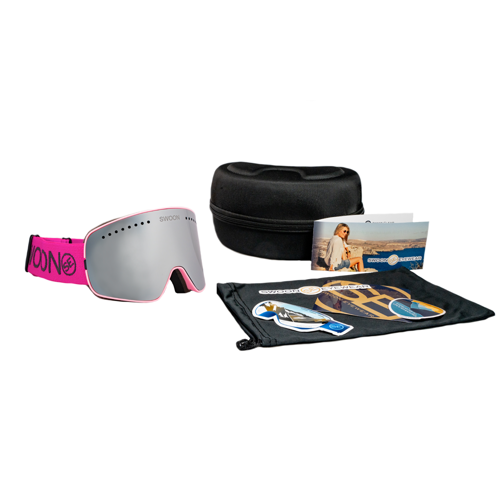 Cortina - Steel Gray Lens, Pink Strap Snow Goggles - Swoon Eyewear - Adventure Pack
