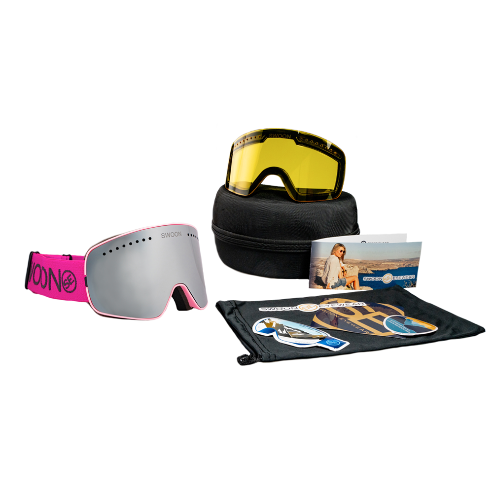 Cortina + Night Lens Bundle - Steel Gray Lens, Pink Strap Snow Goggles - Swoon Eyewear - Bonus