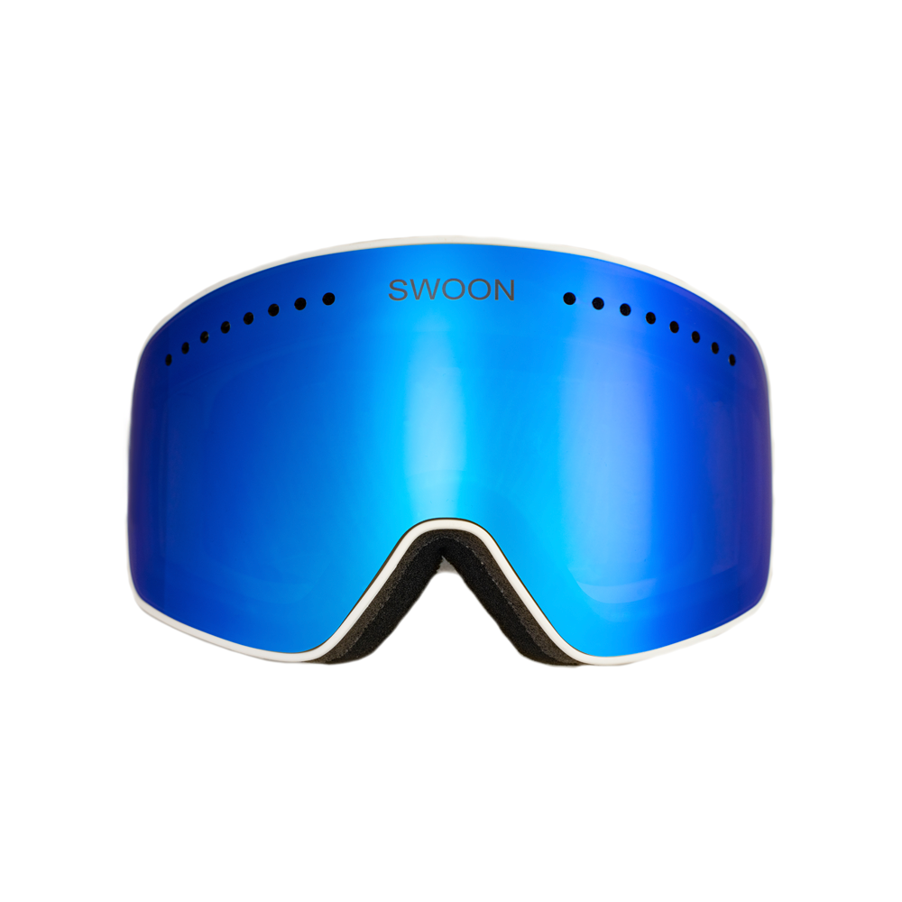 Snowbird - Blue Mirror Lens, White Strap Snow Goggles - Swoon Eyewear - Front View