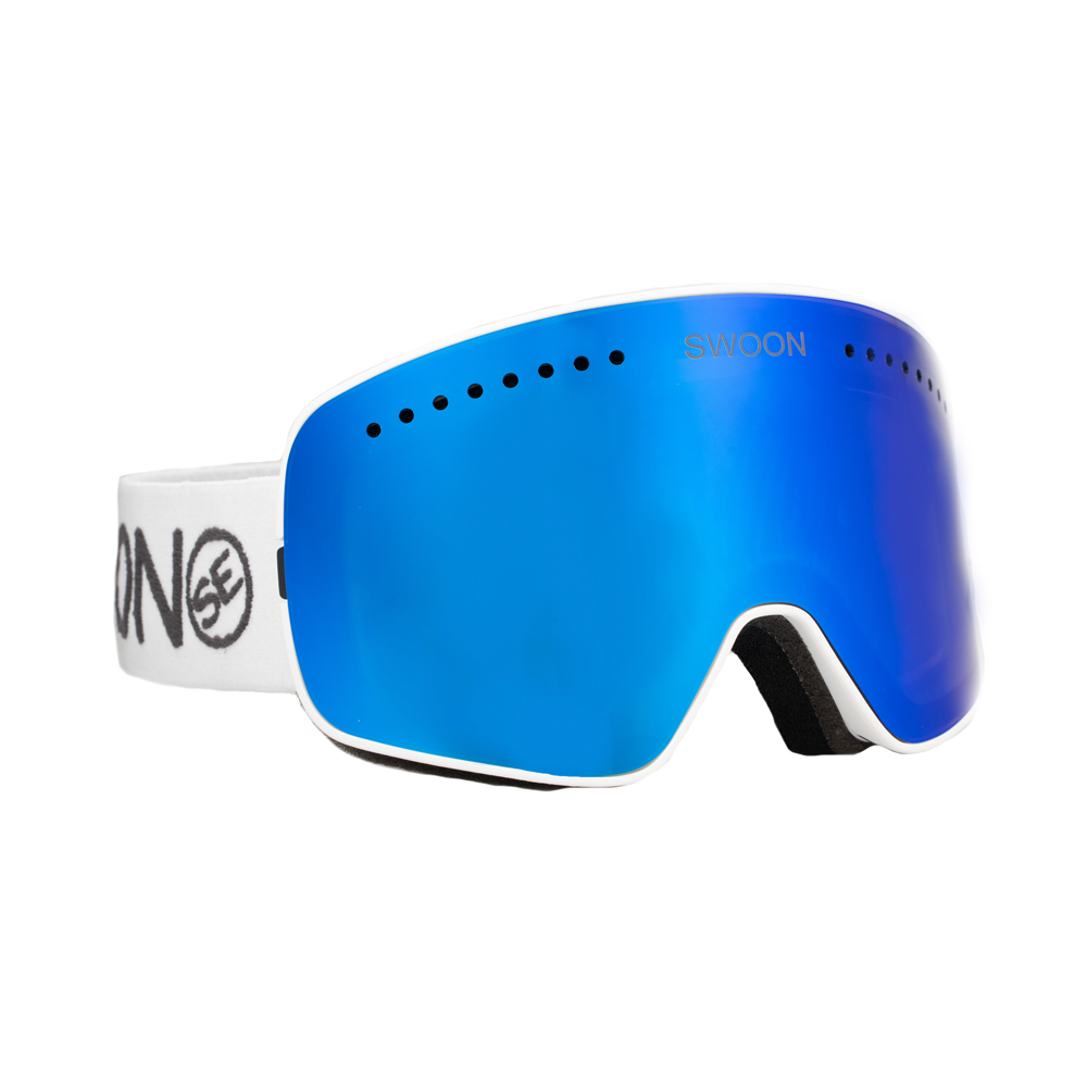 Snowbird - Blue Mirror Lens, White Strap Snow Goggles - Swoon Eyewear - Side View