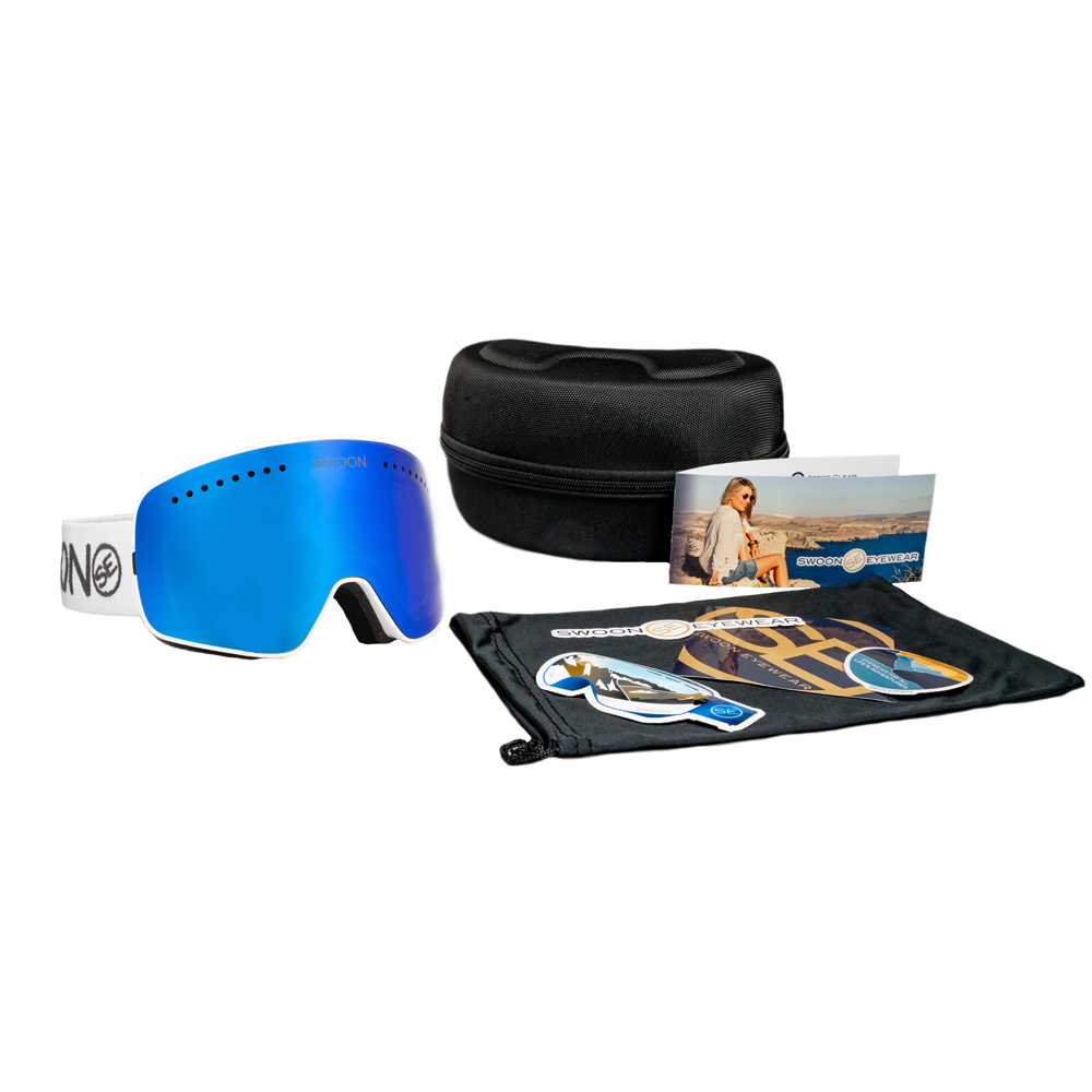 Snowbird - Blue Mirror Lens, White Strap Snow Goggles - Swoon Eyewear - Adventure Pack