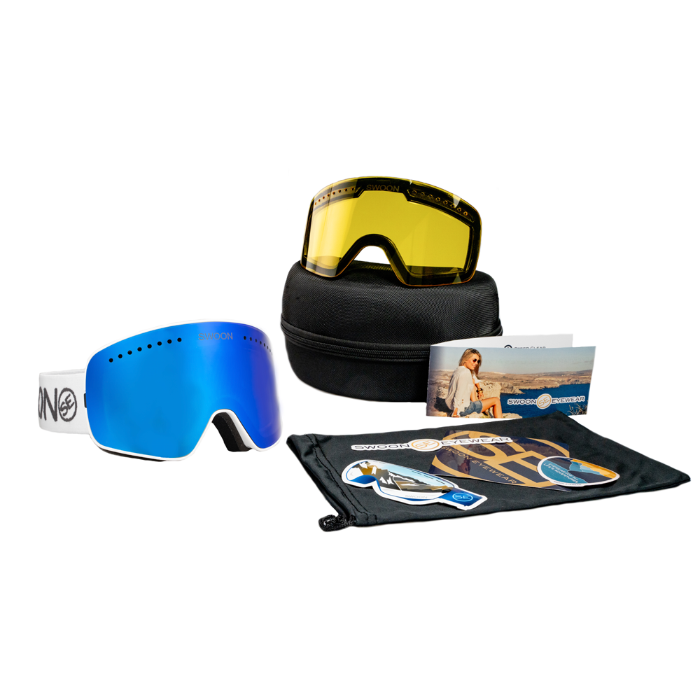Snowbird + Night Lens Bundle - Blue Mirror, White Strap Snow Goggles - Swoon Eyewear - Bonus