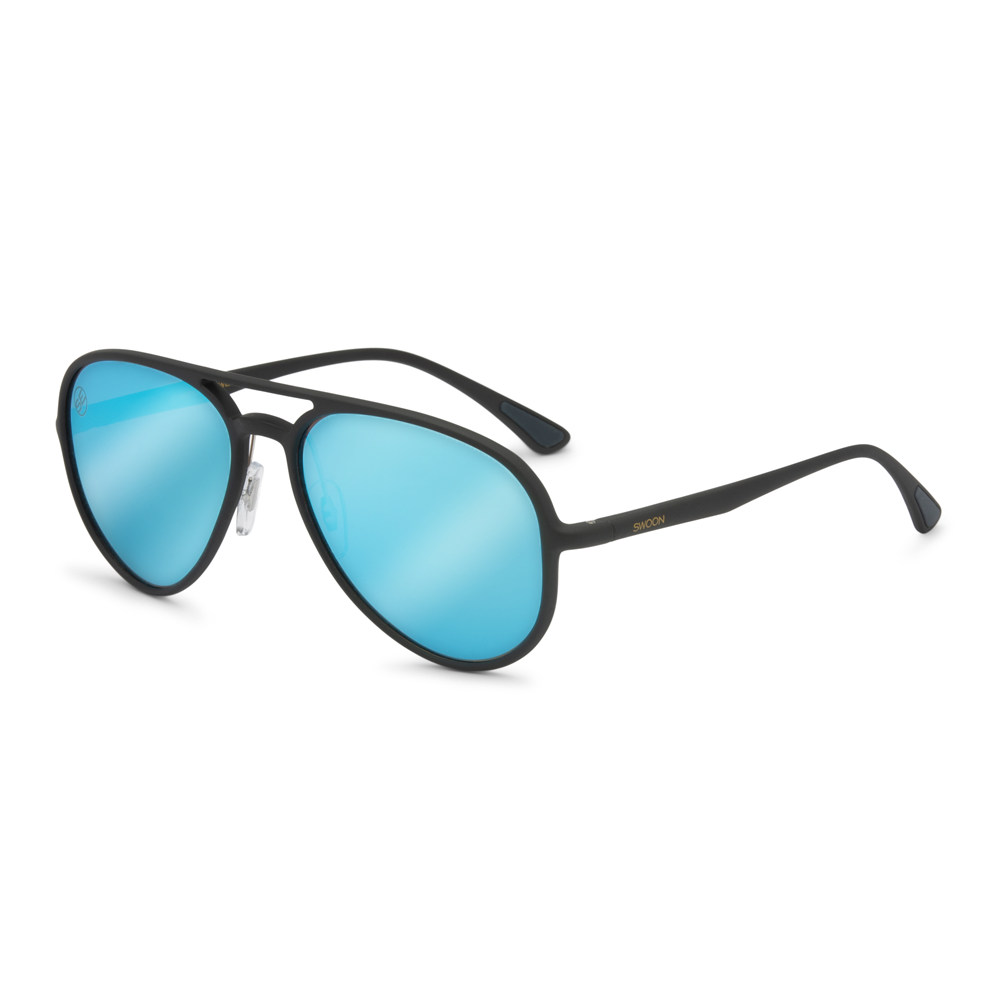 Matte Black with Blue Mirror Aviator Sunglasses - Swoon Eyewear - Santiago Side View