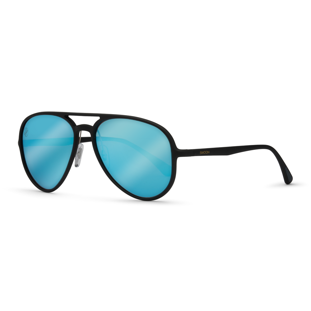 Matte Black with Blue Mirror Aviator Sunglasses - Swoon Eyewear - Santiago Side View 2